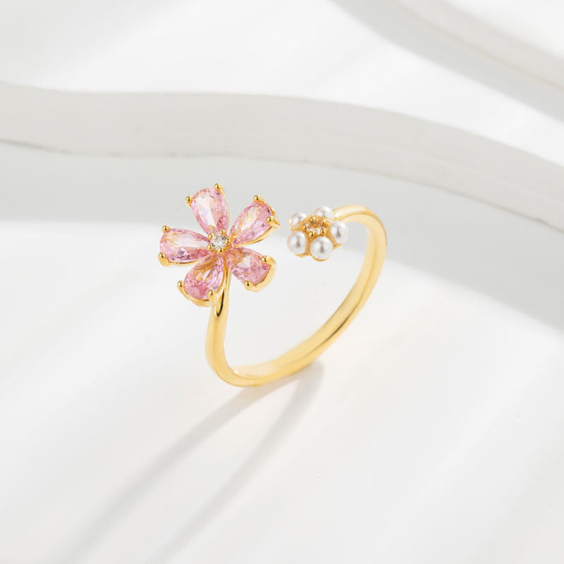 Sakura Whisper – Pearl & Pink Blossom Open Ring