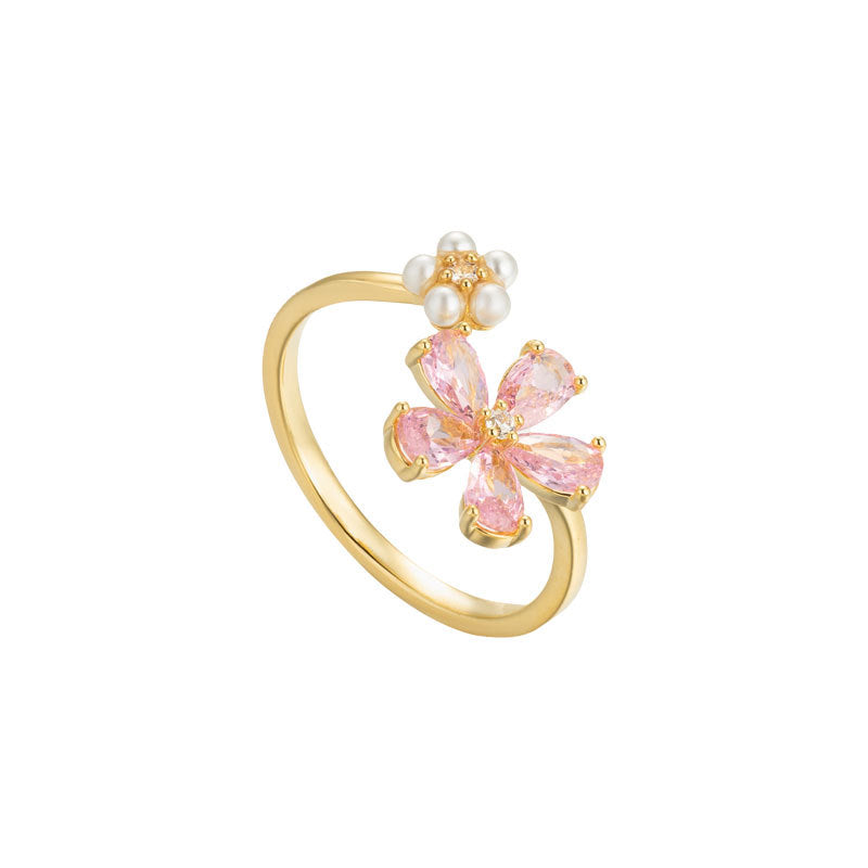 Sakura Whisper – Pearl & Pink Blossom Open Ring