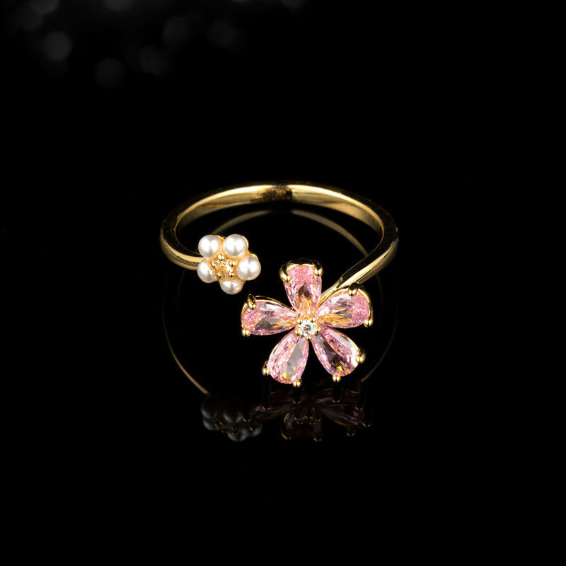 Sakura Whisper – Pearl & Pink Blossom Open Ring