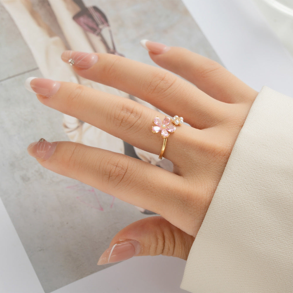 Sakura Whisper – Pearl & Pink Blossom Open Ring