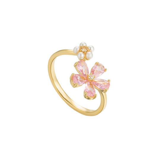 Sakura Whisper – Pearl & Pink Blossom Open Ring